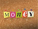 The word "MONEY" written in cut letters and pinned to a cork bulletin board illustration. Vector EPS 10 available.