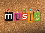 The word "MUSIC" written in cut letters and pinned to a cork bulletin board illustration. Vector EPS 10 available.