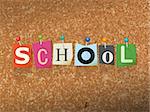 The word "SCHOOL" written in cut letters and pinned to a cork bulletin board illustration. Vector EPS 10 available.