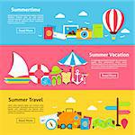 Hello Summer Travel Holiday Flat Horizontal Banners. Vector Illustration for Website Header. Summertime Items Flat Design.