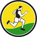 Illustrations of male marathon triathlete runner running viewed from the side set inside circle on isolated background done in retro style.