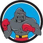 Illustration of a gorilla boxer in boxing stance viewed from front set inside circle done in cartoon style.