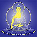 Sitting Buddha Shakyamuni. Vector illustration over the dark blue background.