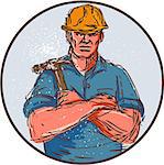 Drawing sketch style illustration of a builder construction worker arms crossed holding hammer viewed from front set inside circle on isolated background.