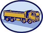 Illustration of a dump truck viewed the side set inside oval shape done in retro woodcut style.