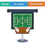 Sport bar table with mugs of beer and football translation on projection screen icon. Flat design in ui colors. Vector illustration.