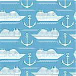 Seamless nautical blue pattern with big ships and anchors. Vector illustration