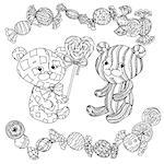 uncolored toy  and sweets in coloring book style. Hand-drawn, doodle, vector the best for your design, t-shirt, cards, coloring book. Black and white for adult colored book.