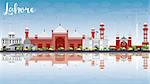 Lahore Skyline with Gray, Red Landmarks and Reflections. Vector Illustration. Business Travel and Tourism Concept with Historic Buildings. Image for Presentation Banner Placard and Web.