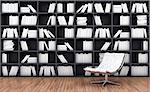 3d illustration of a bookcase with a armchair of white colour