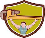 Illustration of a plumber weightlifter lifting giant monkey wrench over head viewed from front set inside shield crest on isolated background done in cartoon style.