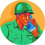 WPA style illustration of a World War two American soldier serviceman talking on field radio walkie-talkie viewed from front set inside circle on isolated background.