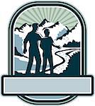 Illustration of a father and son about to start a journey together viewed from the back with mountains and sunburst in the background set inside shield crest with banner in the bottom done in retro style.