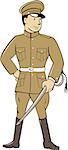 Illustration of a World War one British officer soldier serviceman standing holding sword looking to the side viewed from front set on isolated white background done in cartoon style.