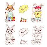 Illustration of funny cartoon Bunnies with carrots. Hand-drawn illustration. Vector set.