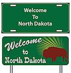 Road signs for North Dakota. A set of characters Welcome to North Dakota.