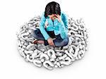 3d illustration of girl sits among many white questions