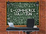 E-Commerce Solution - Handwritten Inscription by Chalk on Green Chalkboard with Doodle Icons Around. Business Concept in the Interior of a Modern Office on the Red Brick Wall Background. 3D.