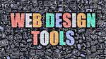 Web Design Tools Concept. Modern Illustration. Multicolor Web Design Tools Drawn on Dark Brick Wall. Doodle Icons. Doodle Style of Web Design Tools Concept. Web Design Tools on Wall.