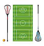 An illustration of a lacrosse field with colorful lacrosse sticks and ball isolated on white. Vector EPS 10 available.