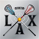 An illustration for the sport of lacrosse with sticks, ball, and emblem. Vector EPS 10 available.