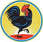Illustration of a rooster cockerel chicken marching viewed from side set inside oval done in retro style with sunburst in the background.