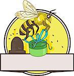 Drawing sketch style illustration of a worker honey bee carrying a round gift box present with skep in the background set inside circle.