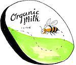 Drawing sketch style illustration of an organic milk 1 litre label with a flying worker honey bee.