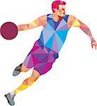 Low polygon style illustration of a basketball player dribbling ball looking to the side viewed from front on isolated white background.