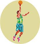 Low polygon style illustration of a basketball player lay up rebounding ball set inside circle.