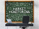 Market Monitoring Concept Handwritten on Green Chalkboard with Doodle Icons. Office Interior with Modern Workplace. White Brick Wall Background. 3D.