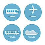 Vector illustration of colorful transport related icons. Bus ship, train, jet travel symbol