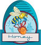 Illustration of a worker honey bee carrying a honey pot with ribbon with skep in the background set inside circle and the word Honey in the bottom done in retro style.