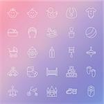 Baby and Toys Line Icons Set over Blurred Background. Vector Set of Modern Thin Outline Newborn and Child Items.