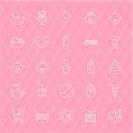 Baby and Toys Line Icons Set over Polygonal Background. Vector Set of Modern Thin Outline Newborn and Childhood Items.