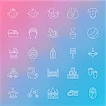 Toys and Baby Line Icons Set over Blurred Background. Vector Set of Modern Thin Outline Newborn and Child Items.
