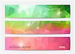 Vector abstract polygonal triangle banner templates in green and pink