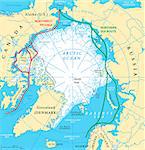 Arctic Ocean sea routes map with Northwest Passage and Northern Sea Route. Arctic Region map with countries, national borders, rivers, lakes and average minimum extent of sea ice. English labeling.