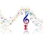 Musical background with clef and colorful notes. Vector illustration.