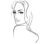 Abstract attractive young woman half turn portrait with big eyes and long hair, sketching vector outline illustration
