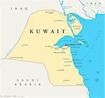 Kuwait political map with capital Kuwait City, national borders, important cities and rivers. English labeling and scaling. Illustration.