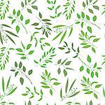 Seamless plant background. Endless pattern with green twigs and leaves silhouette. Vector illustration on white background