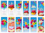 Color Glossy Happy Birthday Balloons and Cake Banner Set Background Vector Illustration EPS10