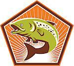 Illustration of a trout fish jumping with sunburst in background set inside pentagon shield shape done in retro style.