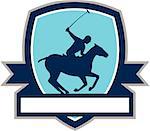 Illustration of a polo player riding horse with polo stick mallet viewed from the side set inside shield crest with ribbon on isolated background done in retro style