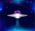 Fantastic background with UFO flying in space and shining stars