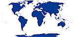 World map silhouette. The surface of the Earth. Detailed map of the world with shorelines under the Robinson projection. Blue illustration on white background.