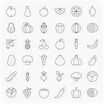 Fruit Vegetable Line Art Design Icons Big Set. Vector Set of Modern Thin Outline Fresh Healthy Food Symbols.