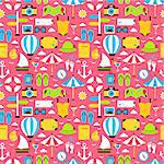 Pink Travel Resort Vacation Seamless Pattern. Summer Holiday Flat Design Vector Illustration. Tile Background. Beach Resort Colorful Objects.