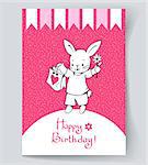 Postcard with a white Bunny and hand lettering "happy birthday!".  Vector illustration
